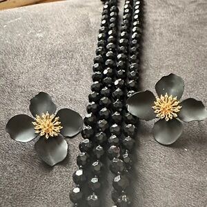 Black Floral Statement Earrings with Gold Centers